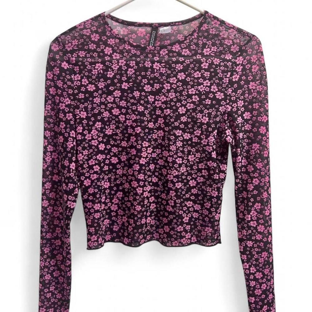 H&M Pink and black sheer floral long sleeve crop top